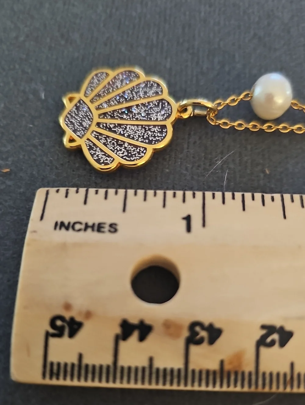 Gold Shell Pendant Necklace with Pearl Accent. About 18